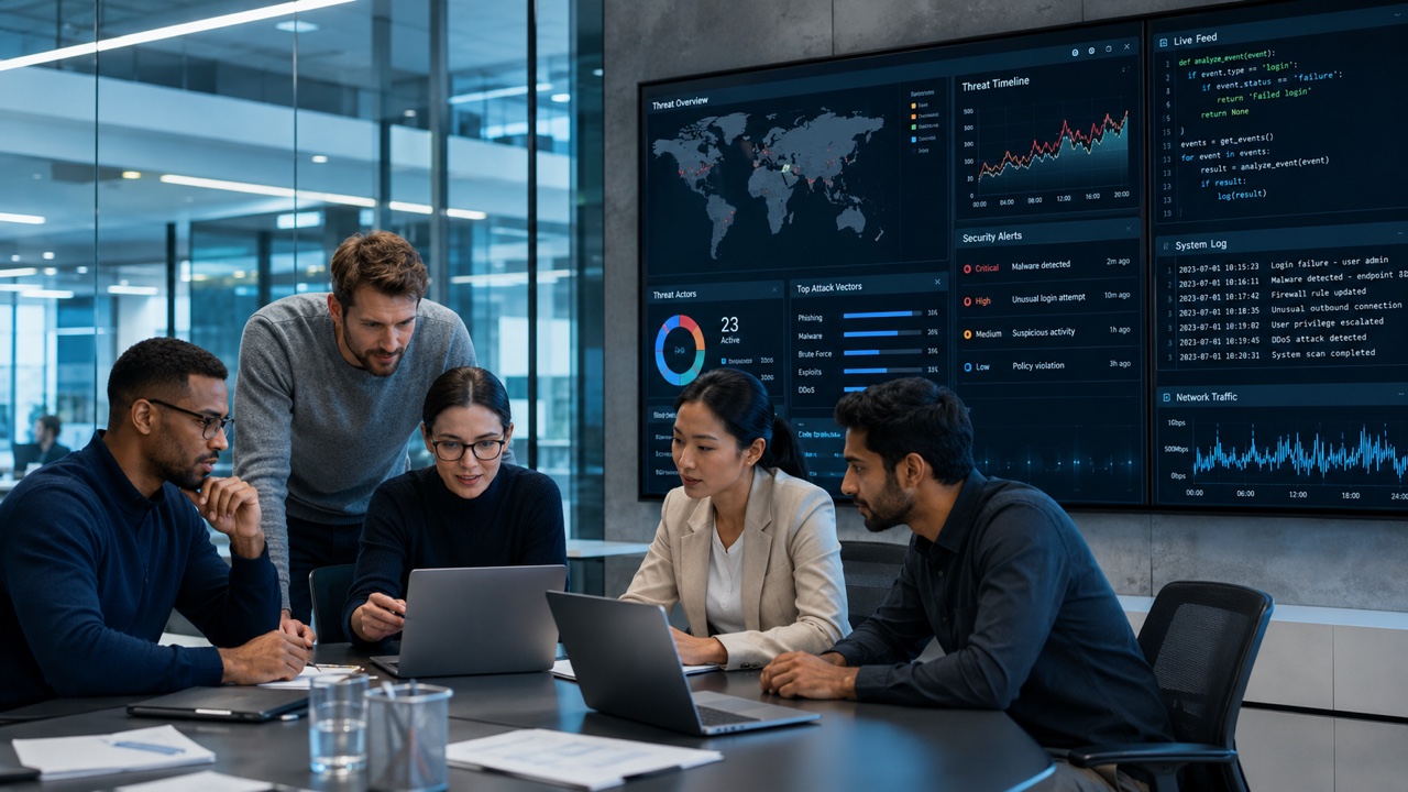 Cybersecurity team reviewing threat intelligence and security alerts